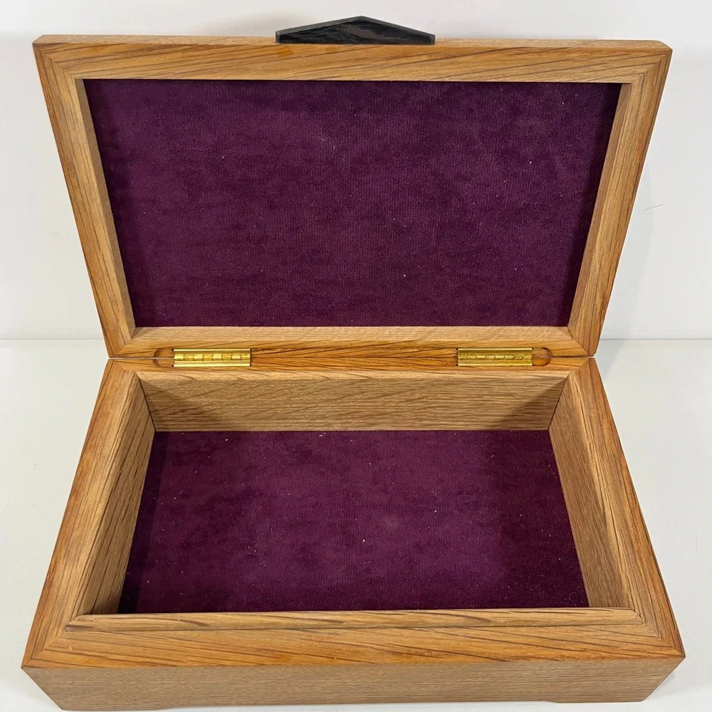 Vintage Handmade Wood Jewelry Box Inlay Geometric Marquetry Folk Art Signed